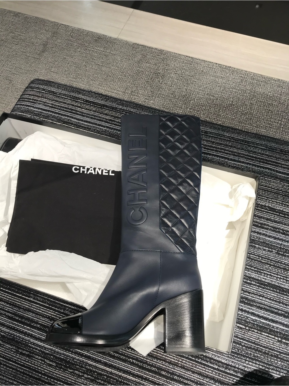 CHANEL Black Quilted Logo Over-the-Knee Boots with Gloss Cap Toe - Picture 6 of 6